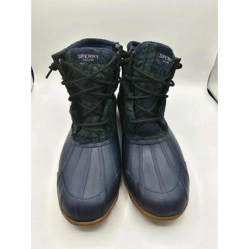 Sperry Womens Saltwater Duck Boots 9M Blue Green Plaid Wool‎ Quilted Preppy